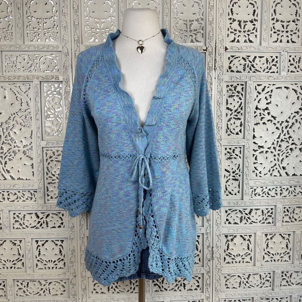 RXB Blue Marled Colorful Tie Front Crochet 3/4 Sleeve‎ Boho Y2K Style Cardigan